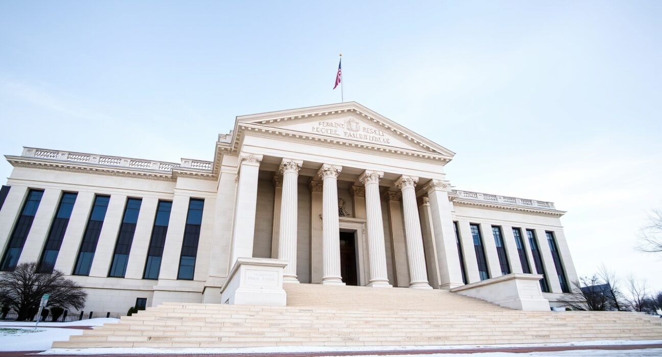 Federal Reserve building facade on a clear day, representing the central bank's decision to hold interest rates steady in 2025.