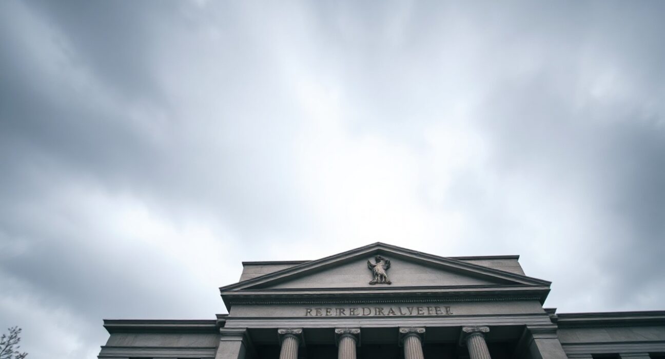 Federal Reserve building in Washington, D.C., under overcast sky, symbolizing steady monetary policy.