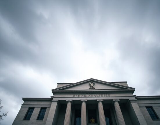 Federal Reserve building in Washington, D.C., under overcast sky, symbolizing steady monetary policy.