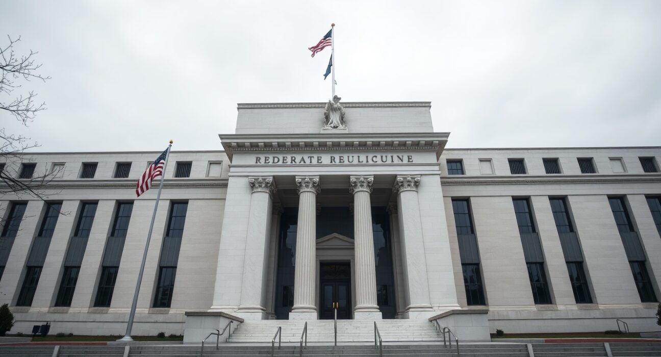 Exterior of the Federal Reserve building in Washington, D.C., on an overcast day