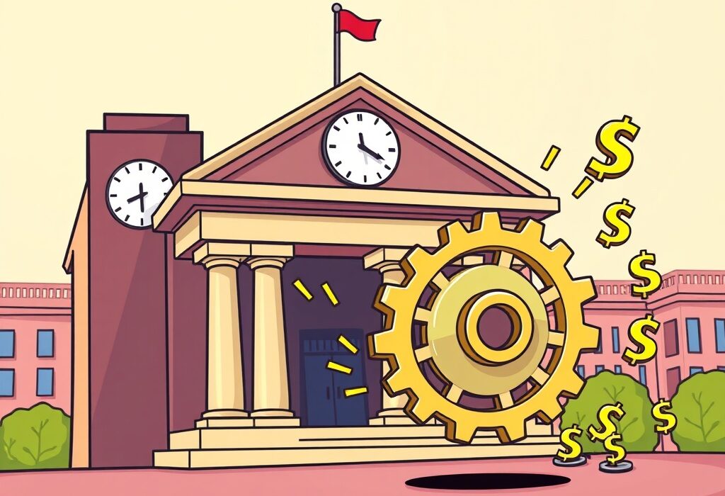 Cartoon illustration showing the Federal Reserve Impact as a cog wheel detaches from a central bank, symbolizing a crucial policy shift.