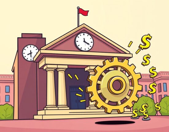 Cartoon illustration showing the Federal Reserve Impact as a cog wheel detaches from a central bank, symbolizing a crucial policy shift.