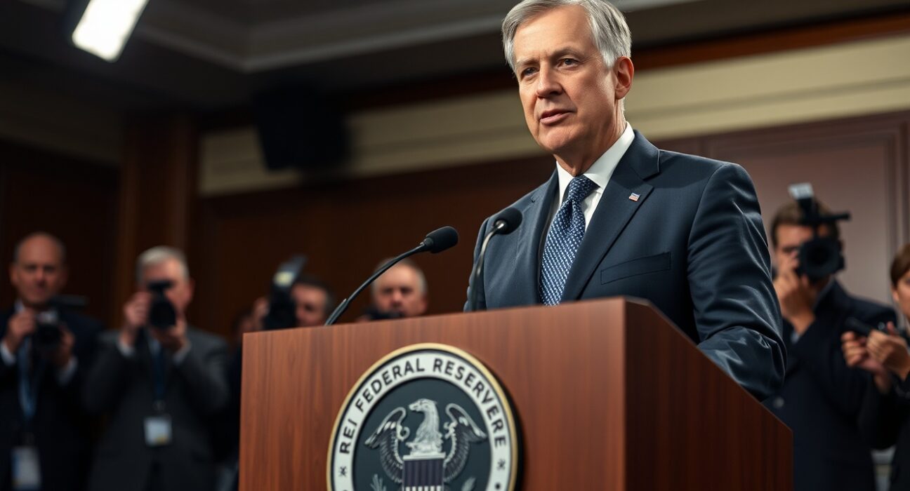 Federal Reserve Chairman Jerome Powell speaking about central bank independence and resisting political pressure at a press conference.