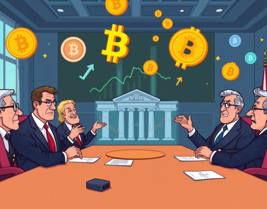 Federal Reserve governors discussing interest rate cut policy around conference table