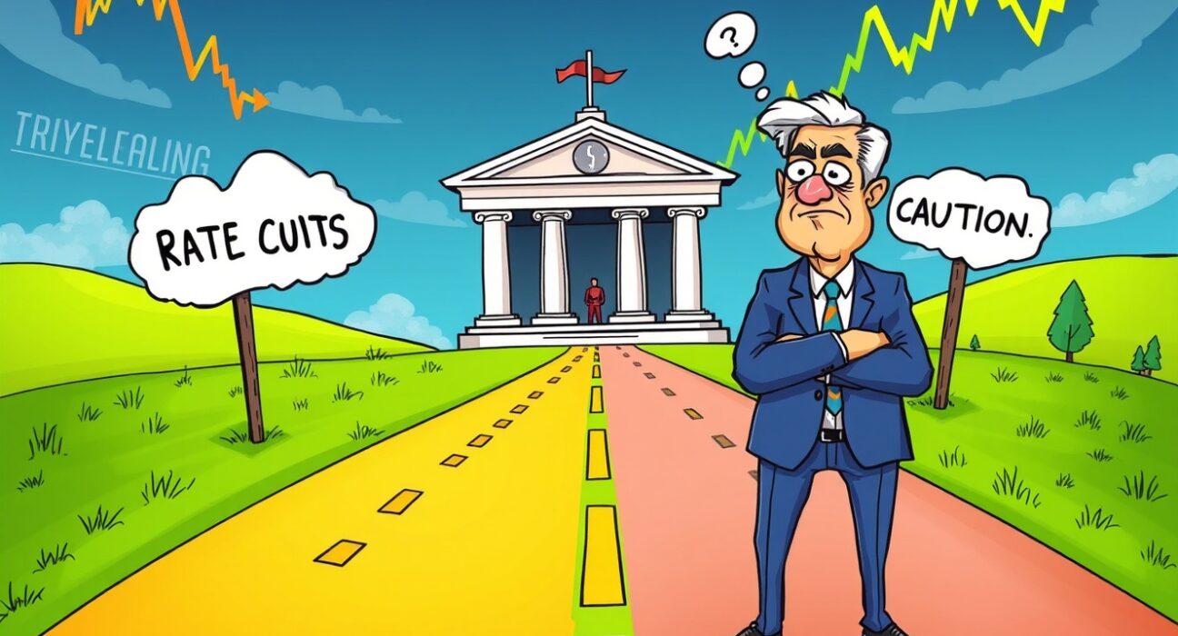 Federal Reserve official weighing interest rates decision at economic crossroads cartoon illustration