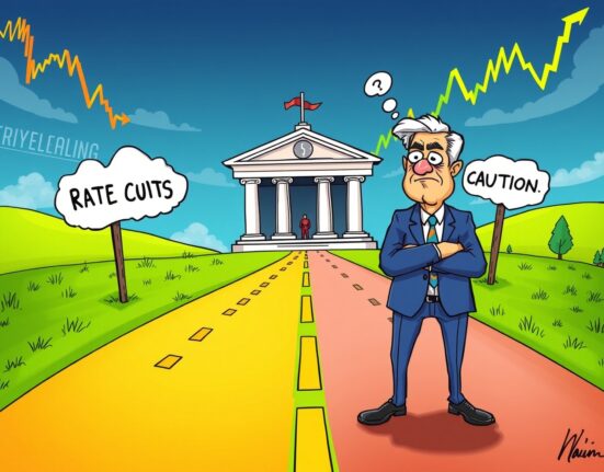 Federal Reserve official weighing interest rates decision at economic crossroads cartoon illustration