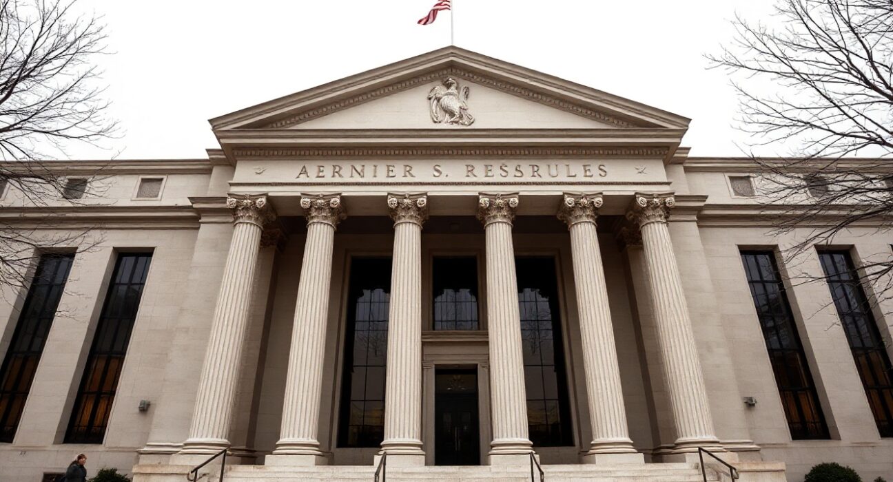 Exterior of the Federal Reserve building in Washington, D.C., on a cloudy afternoon
