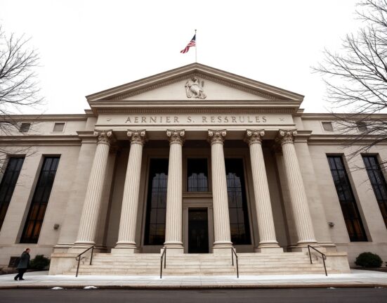 Exterior of the Federal Reserve building in Washington, D.C., on a cloudy afternoon