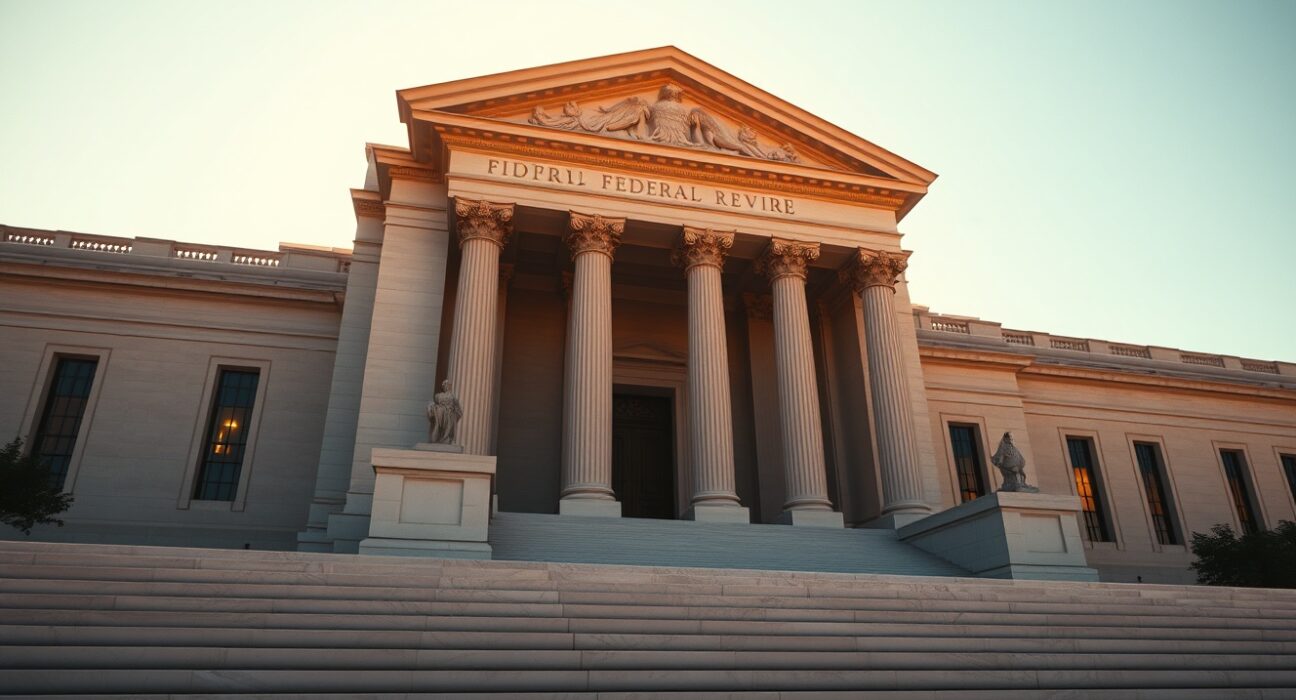 Federal Reserve building in Washington, D.C., during late afternoon light, symbolizing economic policy uncertainty.
