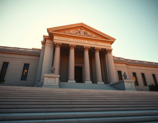Federal Reserve building in Washington, D.C., during late afternoon light, symbolizing economic policy uncertainty.