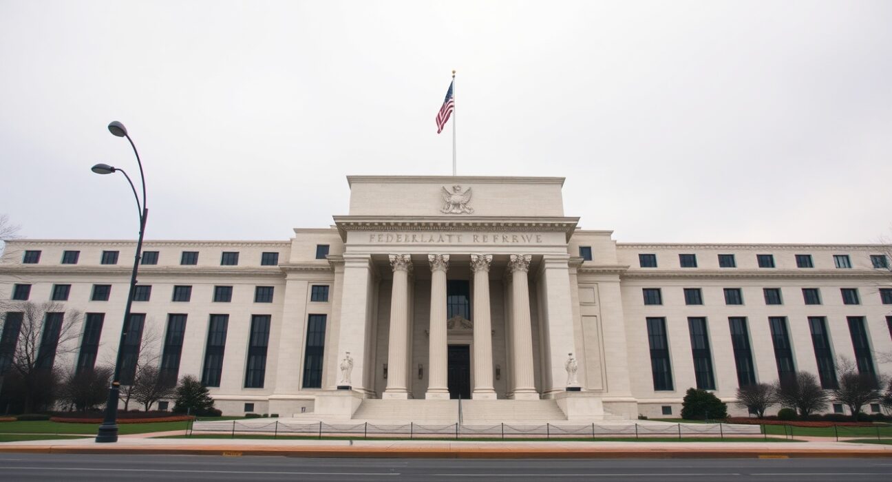 Exterior view of the Federal Reserve building in Washington, D.C., on a cloudy day.