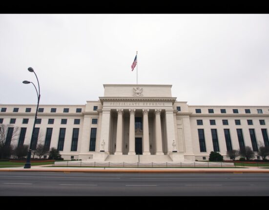 Exterior view of the Federal Reserve building in Washington, D.C., on a cloudy day.