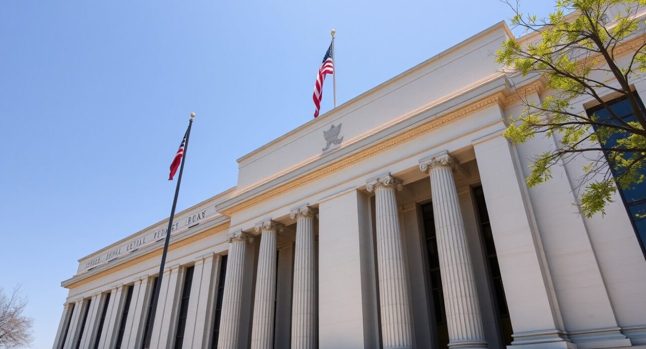 Exterior of the Federal Reserve building in Washington, D.C. on a sunny day.
