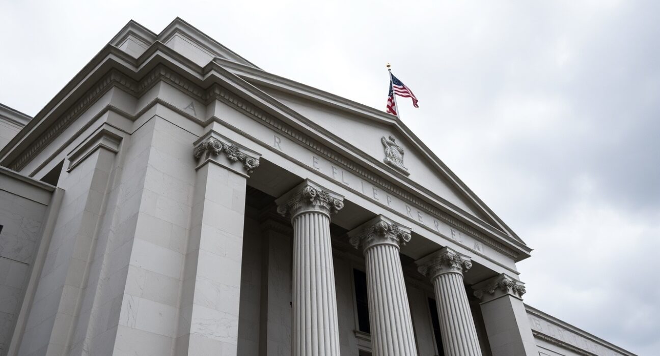 Federal Reserve building exterior under overcast sky, representing patient monetary policy and steady interest rates amid geopolitical uncertainty.
