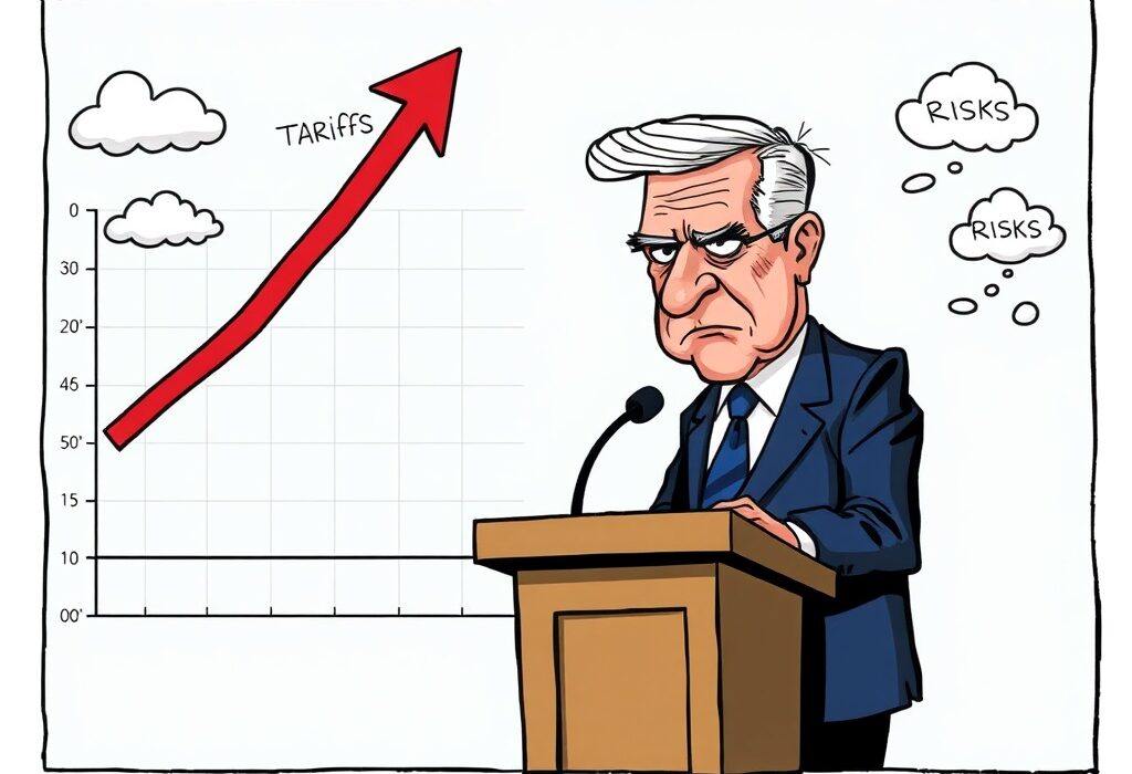 Cartoon illustration of Federal Reserve policy grappling with rising prices and economic risks due to tariffs.