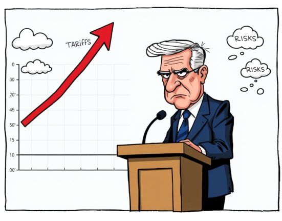 Cartoon illustration of Federal Reserve policy grappling with rising prices and economic risks due to tariffs.