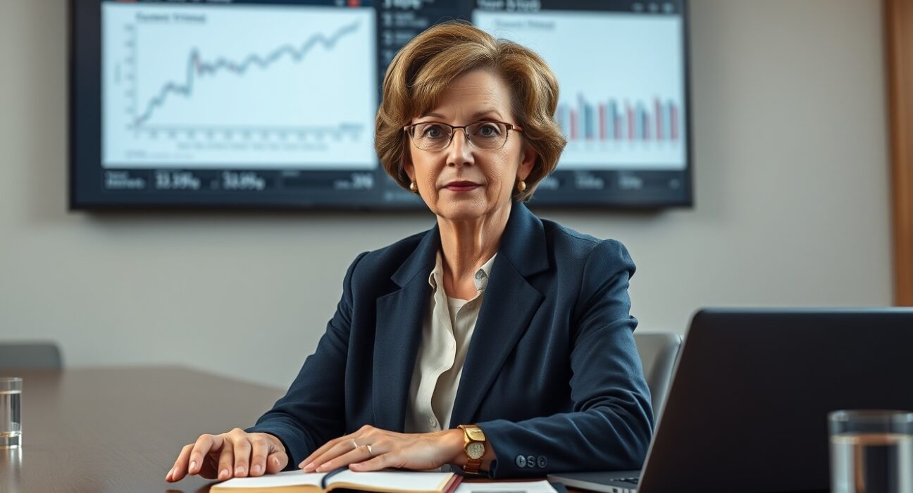 Federal Reserve's Susan Collins analyzing economic policy and interest rate charts in a