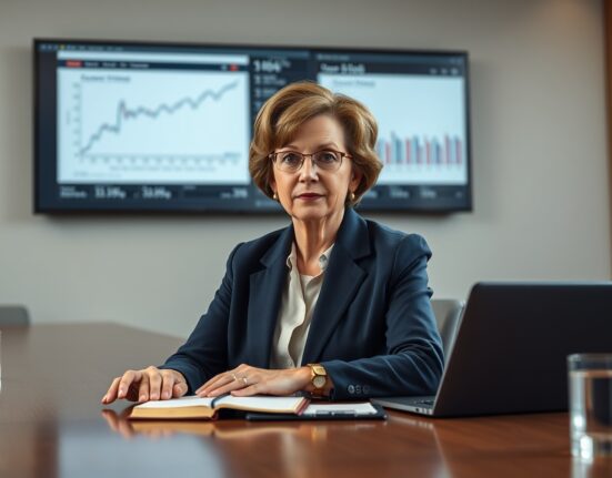 Federal Reserve's Susan Collins analyzing economic policy and interest rate charts in a boardroom setting.