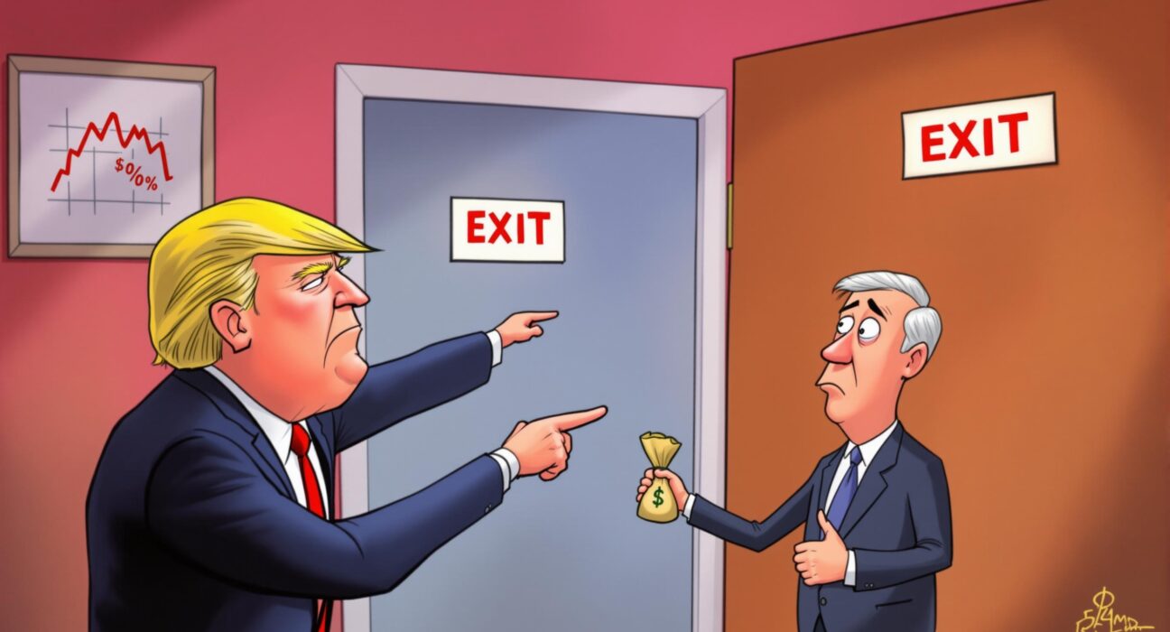 A cartoon depicting political pressure on the Federal Reserve's leadership and interest rate policy, with Donald Trump and Jerome Powell.