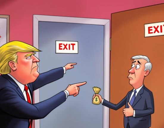 A cartoon depicting political pressure on the Federal Reserve's leadership and interest rate policy, with Donald Trump and Jerome Powell.