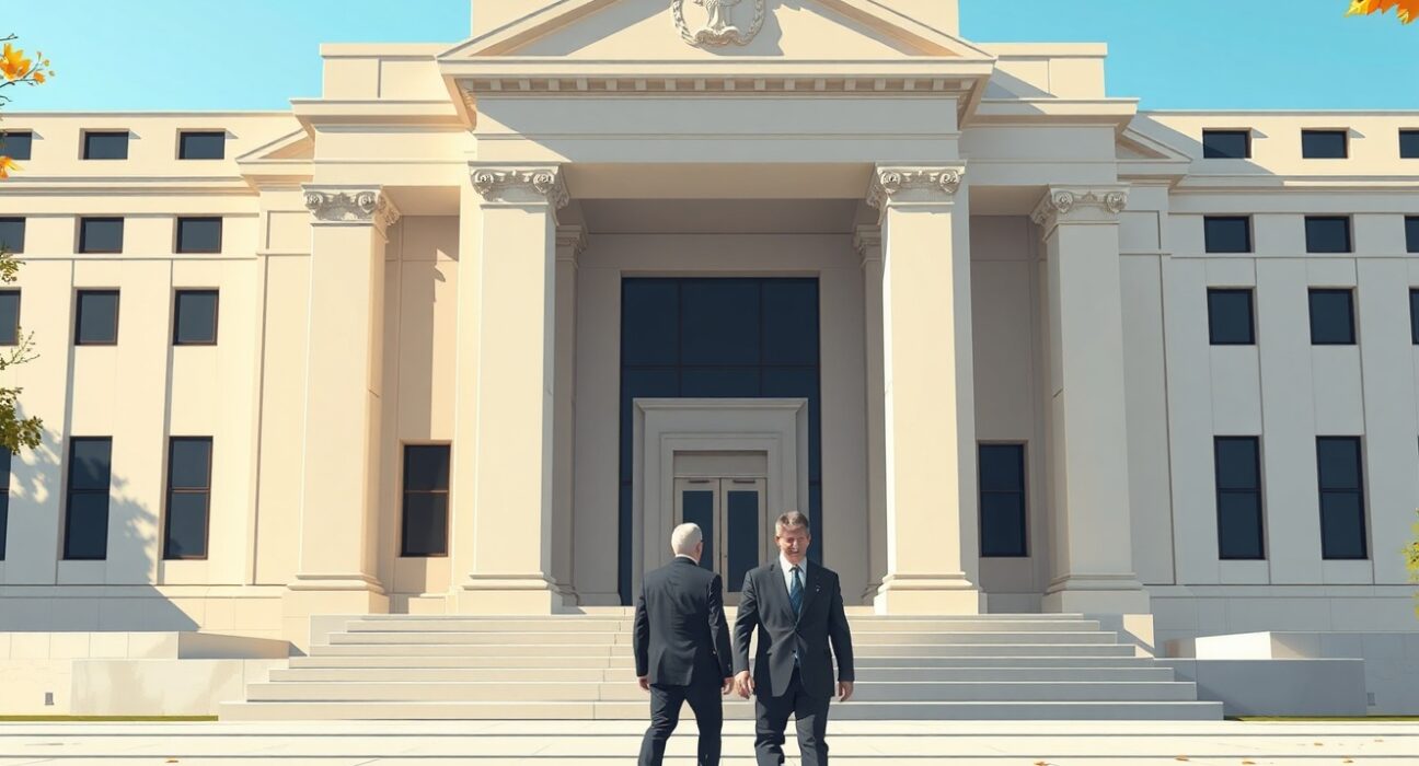 Federal Reserve building exterior with Jerome Powell and Kevin Warsh walking toward entrance, representing leadership change and monetary policy decisions.