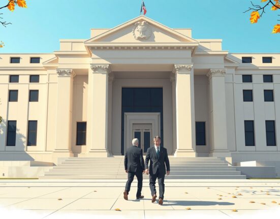 Federal Reserve building exterior with Jerome Powell and Kevin Warsh walking toward entrance, representing leadership change and monetary policy decisions.