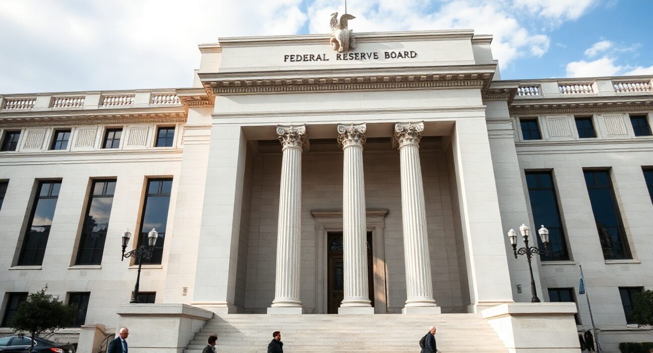 Exterior of the Federal Reserve building in Washington, D.C., on a clear day.