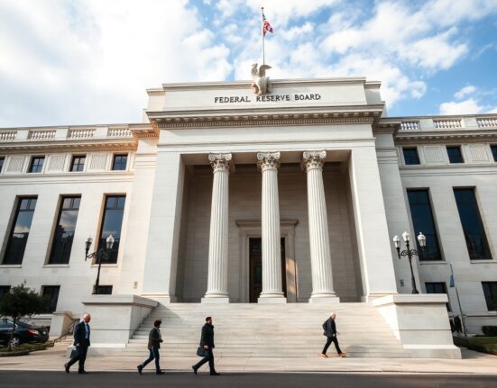 Exterior of the Federal Reserve building in Washington, D.C., on a clear day.