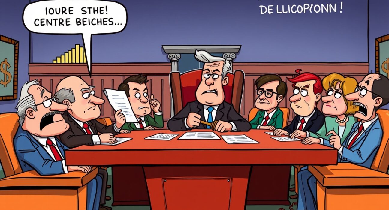 Cartoon illustration showing the Federal Reserve's internal conflict over rate cuts and economic priorities.