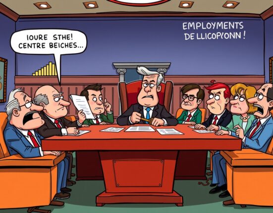 Cartoon illustration showing the Federal Reserve's internal conflict over rate cuts and economic priorities.