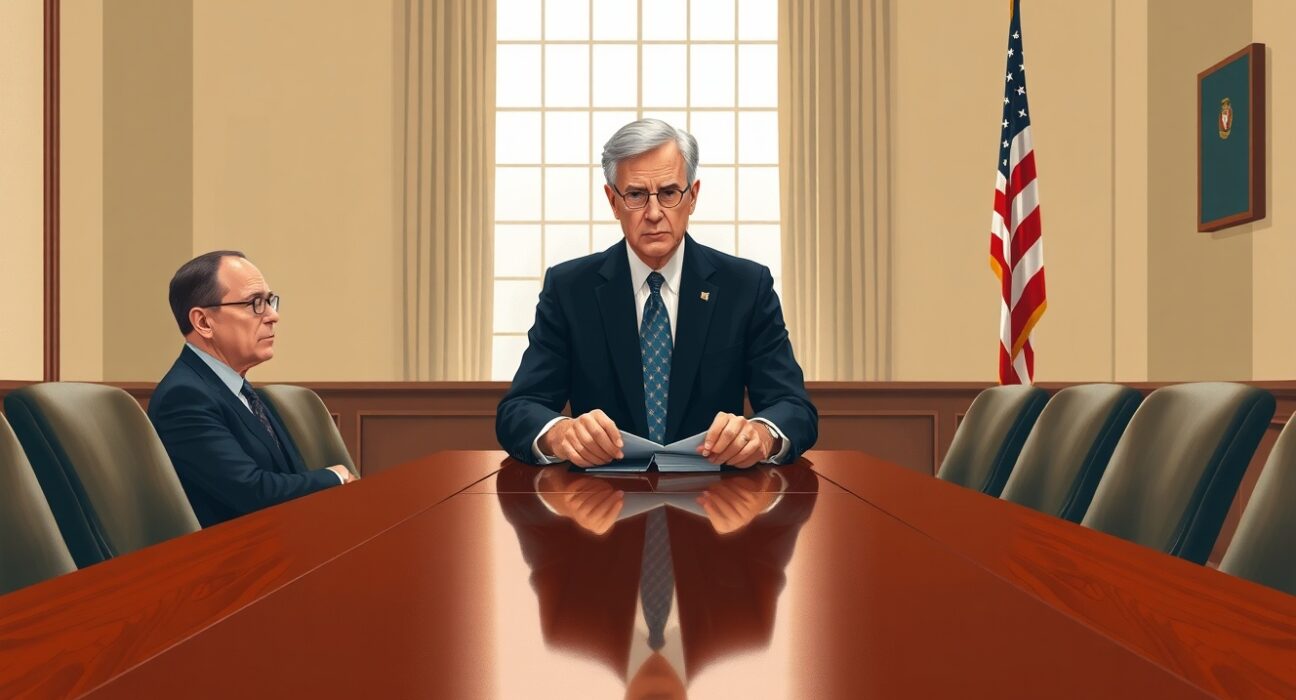 Federal Reserve Chair Jerome Powell at the board meeting table during the interest rate decision meeting, his potentially last as chair.