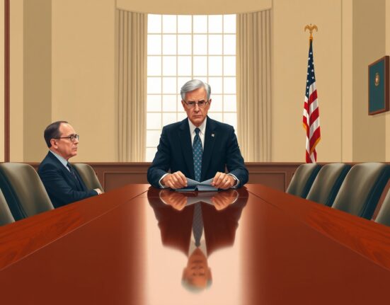 Federal Reserve Chair Jerome Powell at the board meeting table during the interest rate decision meeting, his potentially last as chair.