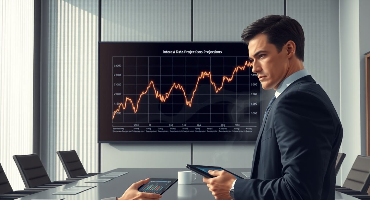 Financial analyst reviewing Federal Reserve interest rate projections clouded by uncertainty in a Washington D.C. boardroom.