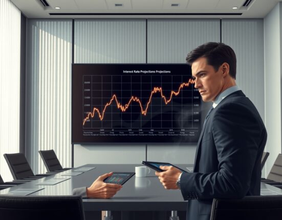 Financial analyst reviewing Federal Reserve interest rate projections clouded by uncertainty in a Washington D.C. boardroom.