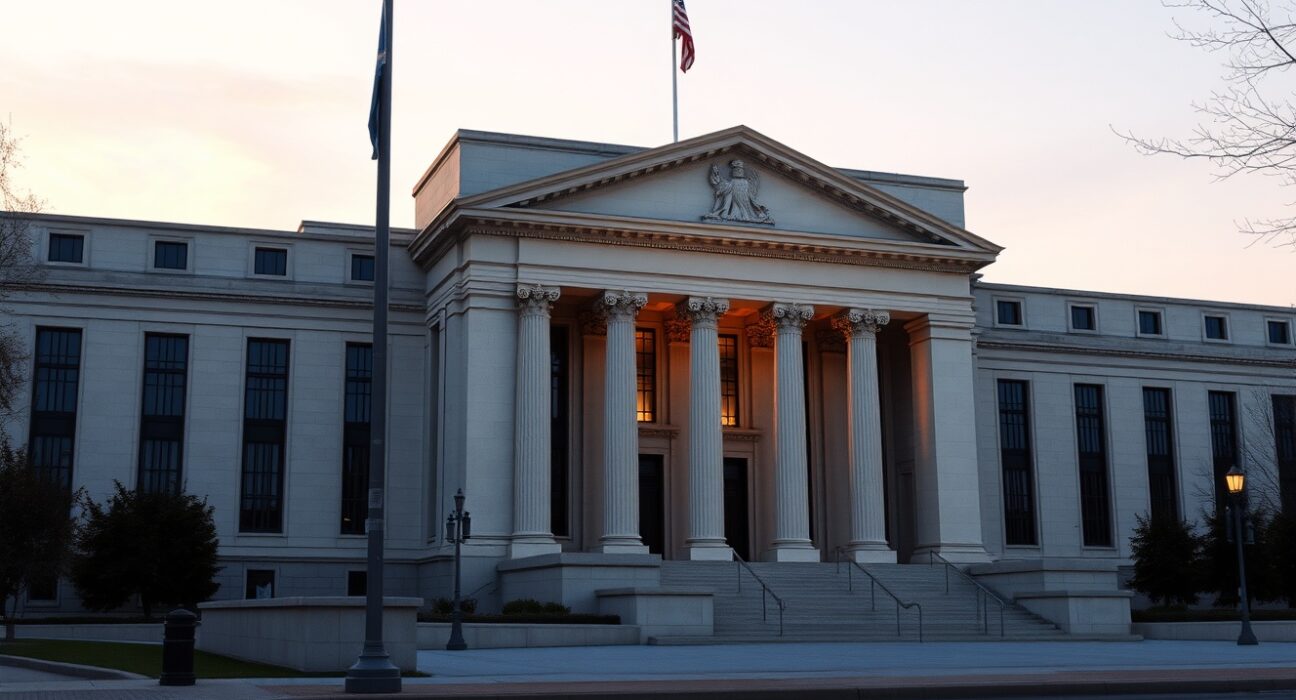 Federal Reserve building in Washington D.C. representing monetary policy decisions during Middle East conflict volatility