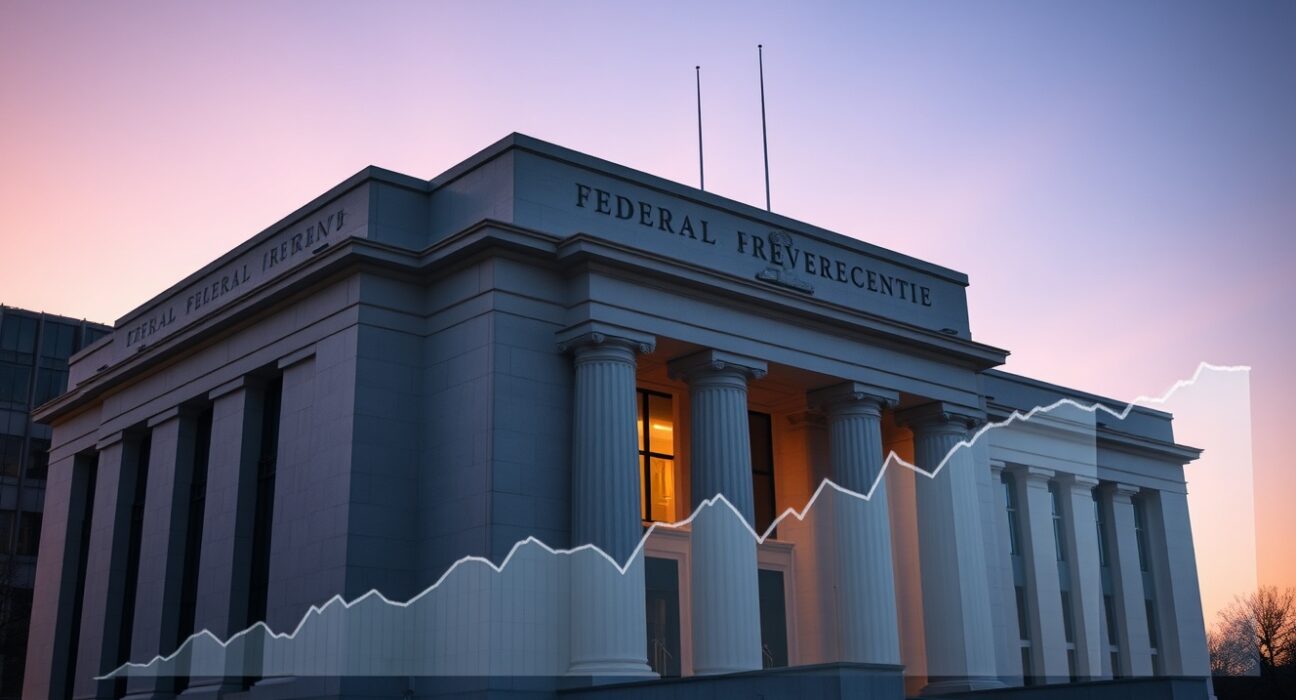 Federal Reserve building with oil price inflation data overlay showing economic analysis context