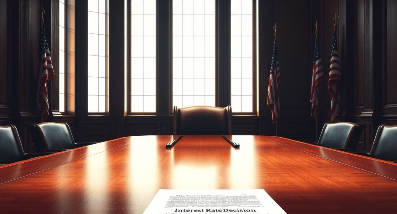 Federal Reserve Board of Governors meeting room with empty chair symbolizing Chair Jerome Powell's upcoming departure and a steady interest rate decision.