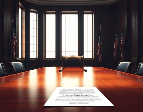 Federal Reserve Board of Governors meeting room with empty chair symbolizing Chair Jerome Powell's upcoming departure and a steady interest rate decision.