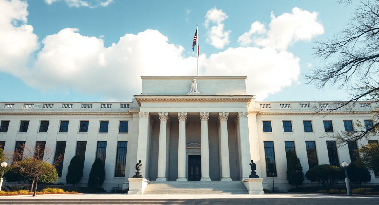 Exterior of the Federal Reserve Board building in Washington, D.C., under a clear sky.