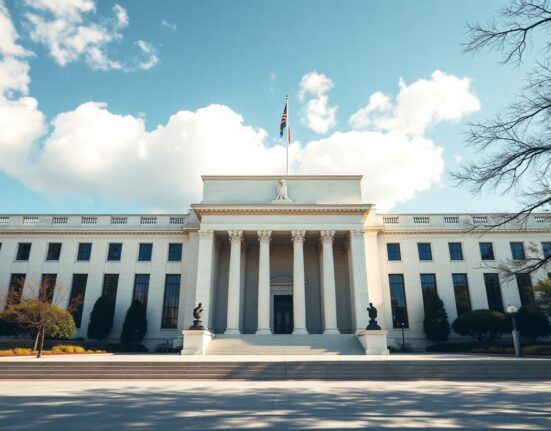 Exterior of the Federal Reserve Board building in Washington, D.C., under a clear sky.