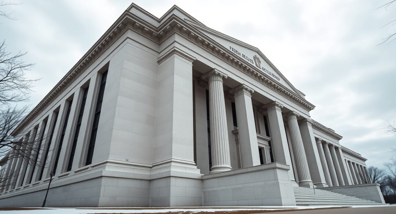 Exterior of the Federal Reserve building in Washington, D.C. under overcast sky.