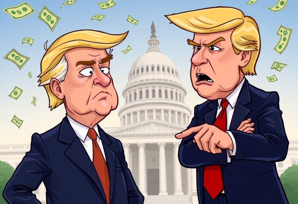 A cartoon illustration depicting Donald Trump's strong criticism of Federal Reserve Chair Jerome Powell, highlighting concerns over US economic losses and the Federal Reserve's role.