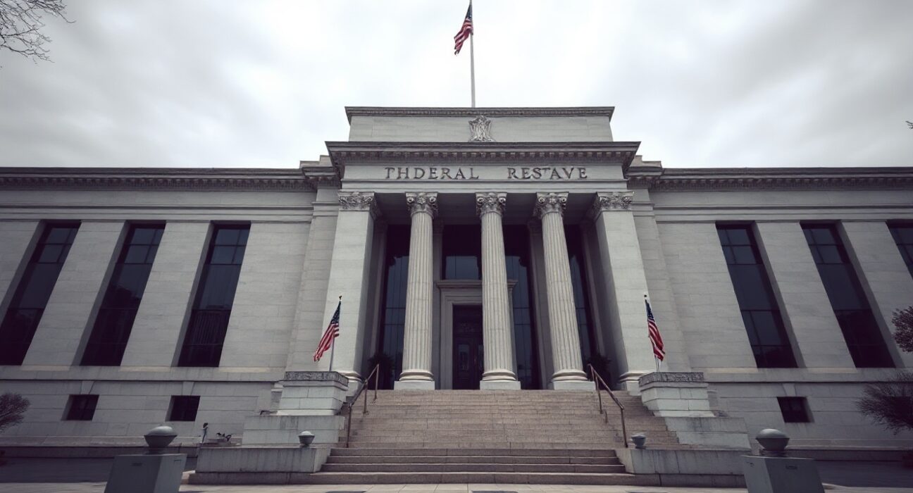 Exterior view of the Federal Reserve building in Washington, D.C., under overcast sky.