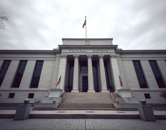 Exterior view of the Federal Reserve building in Washington, D.C., under overcast sky.