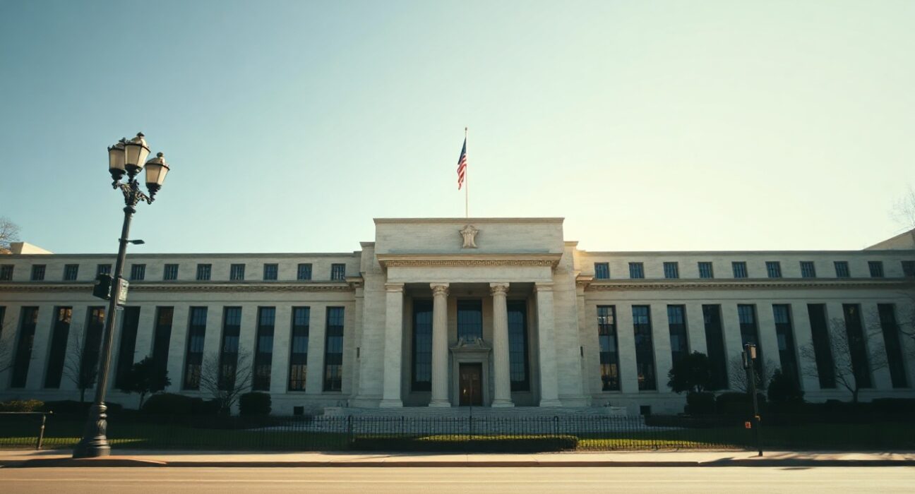 Federal Reserve building in Washington, D.C., under clear daylight sky