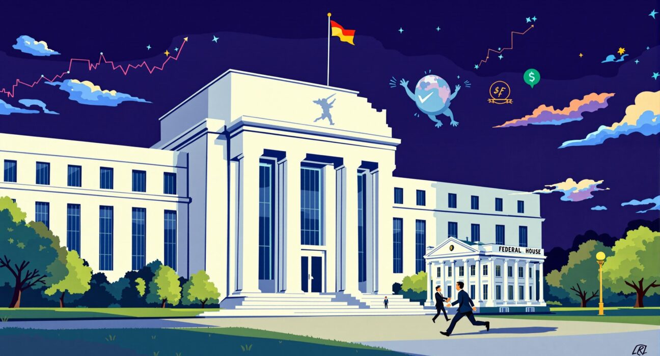 A cartoon illustration showing the Federal Reserve building awaiting a crucial White House visit, symbolizing key economic dialogue.