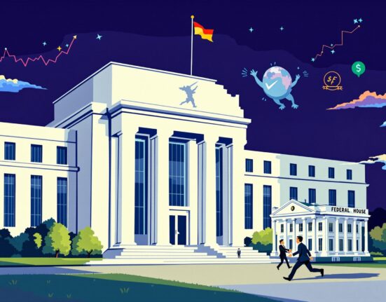 A cartoon illustration showing the Federal Reserve building awaiting a crucial White House visit, symbolizing key economic dialogue.