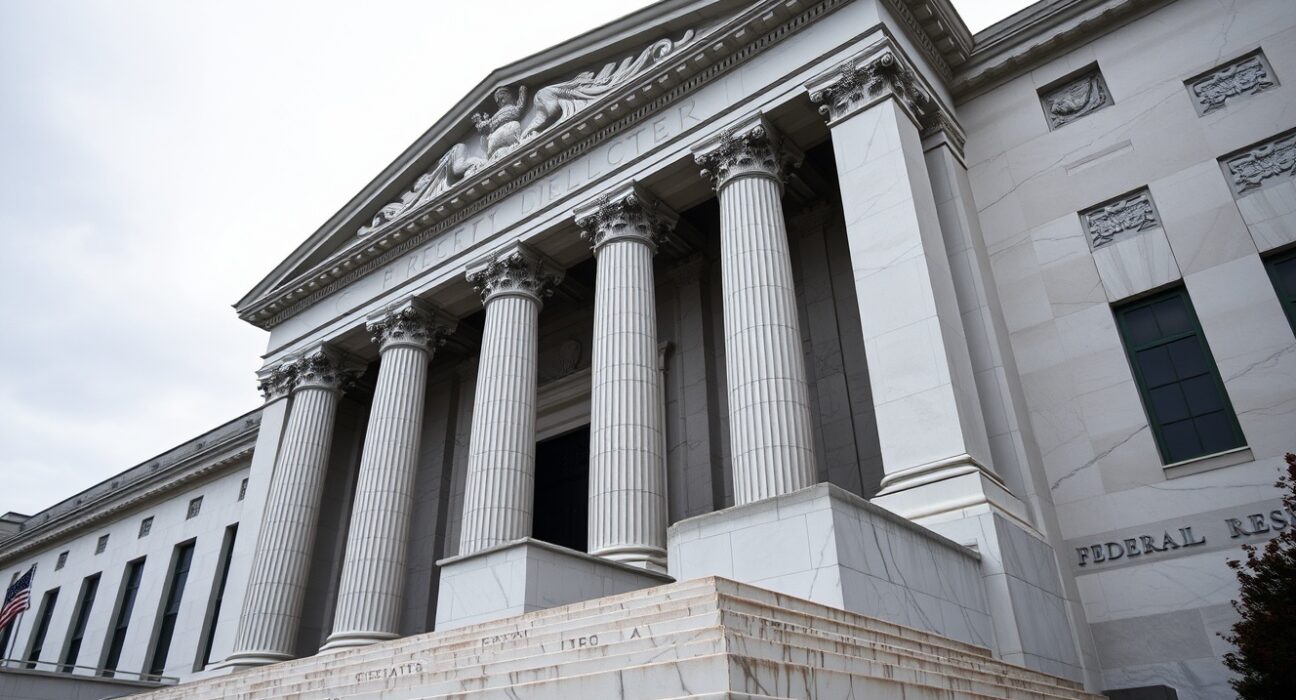 Exterior of the Federal Reserve building in Washington, D.C. under overcast sky