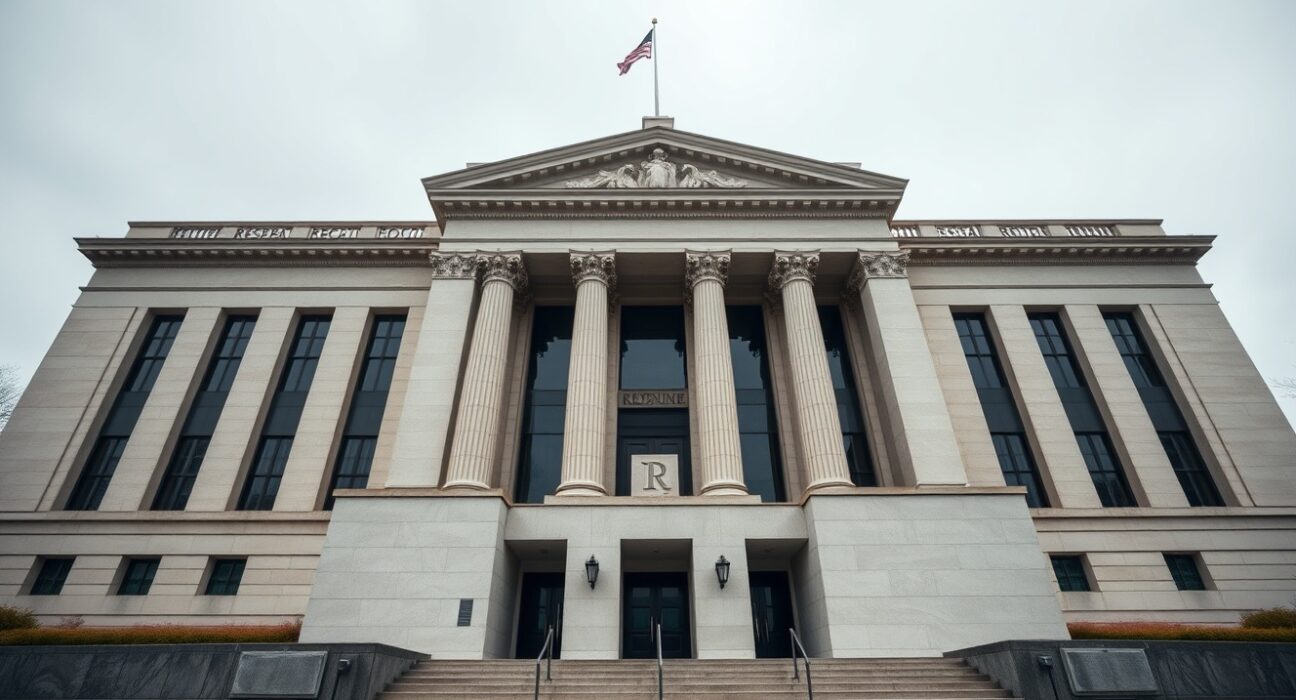 Exterior of the Federal Reserve building in Washington, D.C. on an overcast day