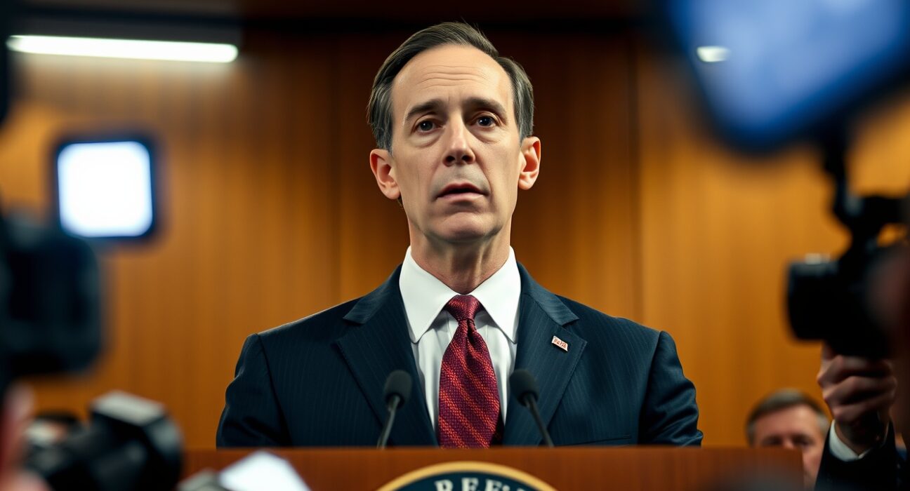 Federal Reserve Bank of Chicago President Austan Goolsbee speaking at a press conference, emphasizing the importance of Fed independence.